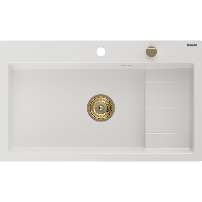 Mexen Omar granieten gootsteen 1-komoers 800 x 480 mm, wit, gouden sifon - 6520801005-20-G