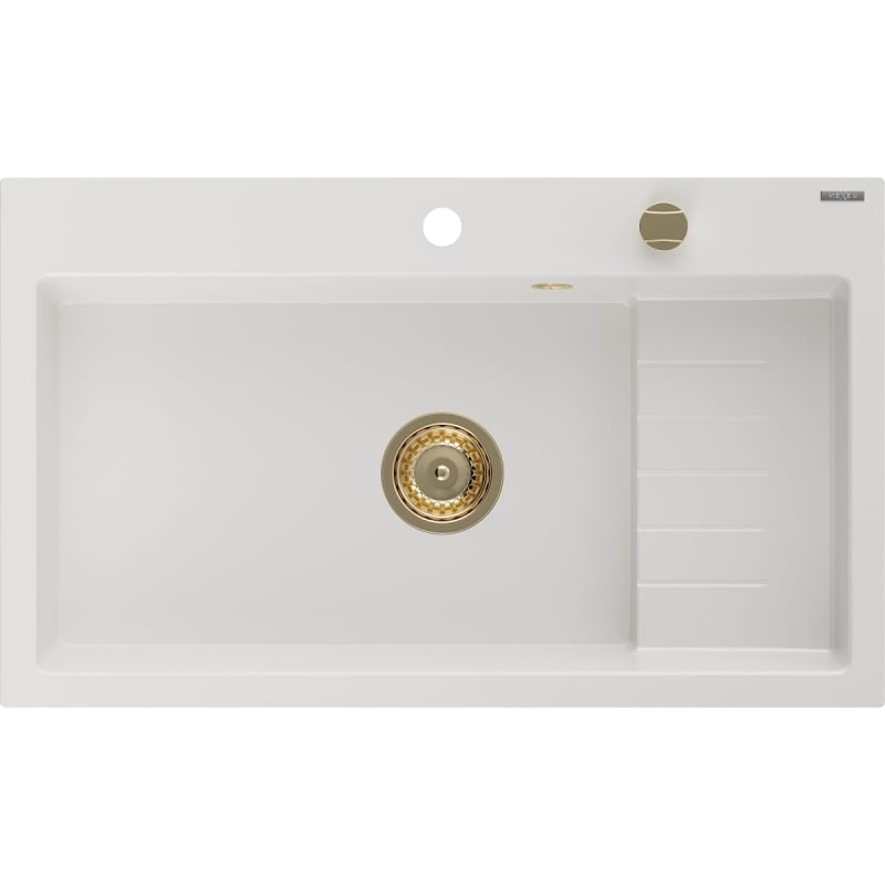 Mexen Omar granitni sudoper s jednom komorom 800 x 480 mm, bijeli, zlatni sifon - 6520801005-20-G