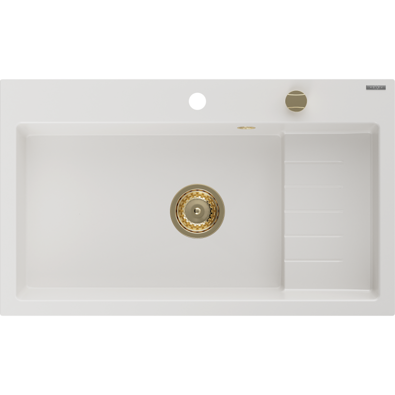 Mexen Omar Granitspüle 1-Becken 800 x 480 mm, weiß, goldener Siphon - 6520801005-20-G