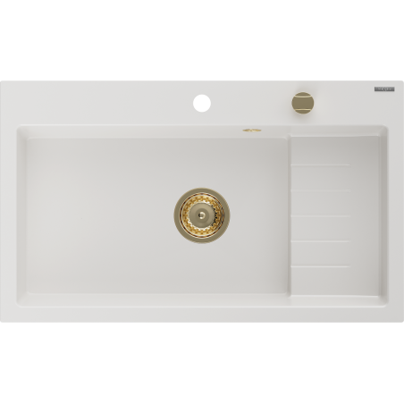 Mexen Omar granieten gootsteen 1-komoers 800 x 480 mm, wit, gouden sifon - 6520801005-20-G