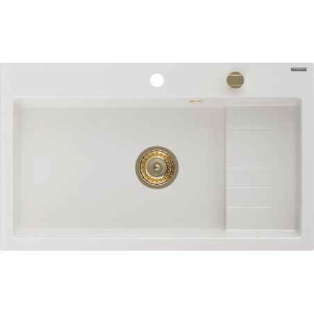 Mexen Omar Granitspüle 1-Becken 800 x 480 mm, weiß, goldener Siphon - 6520801005-20-G