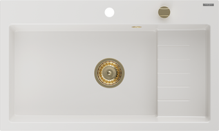 Mexen Omar granieten gootsteen 1-komoers 800 x 480 mm, wit, gouden sifon - 6520801005-20-G