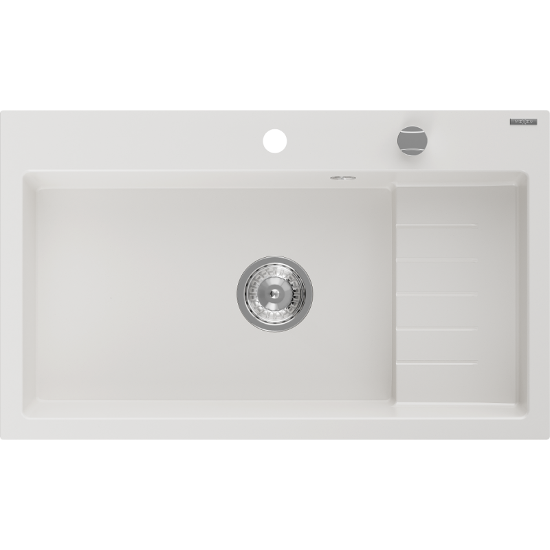 Mexen Omar fregadero de cocina de granito 1-cámara 800 x 480 mm, blanco, sifón cromado - 6520801005-20