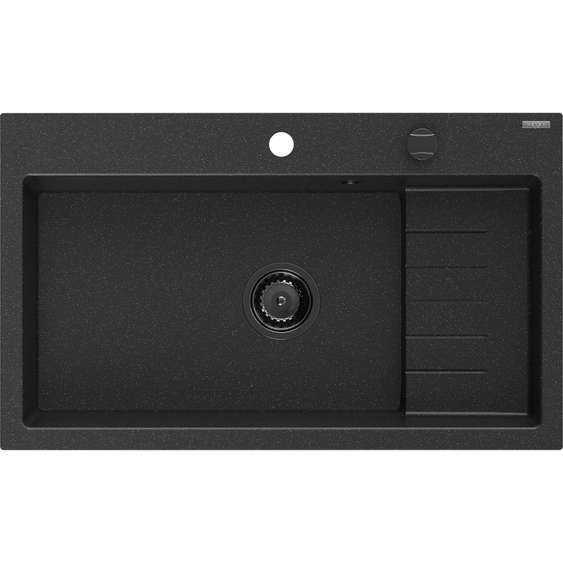 Mexen Omar fregadero de granito de 1 cuba 800 x 480 mm, negro/plateado metálico, sifón negro - 6520801005-73-B