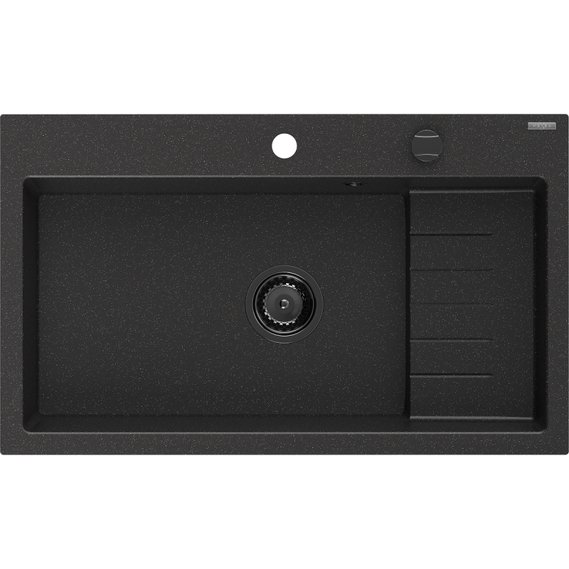 Mexen Omar granitdiskbänk 1-fack 800 x 480 mm, svart/silvermetallic, svart bottenventil - 6520801005-73-B