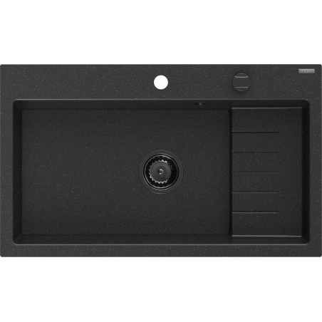 Mexen Omar granieten gootsteen 1-komor 800 x 480 mm, zwart/zilveren metallic, zwarte sifon - 6520801005-73-B