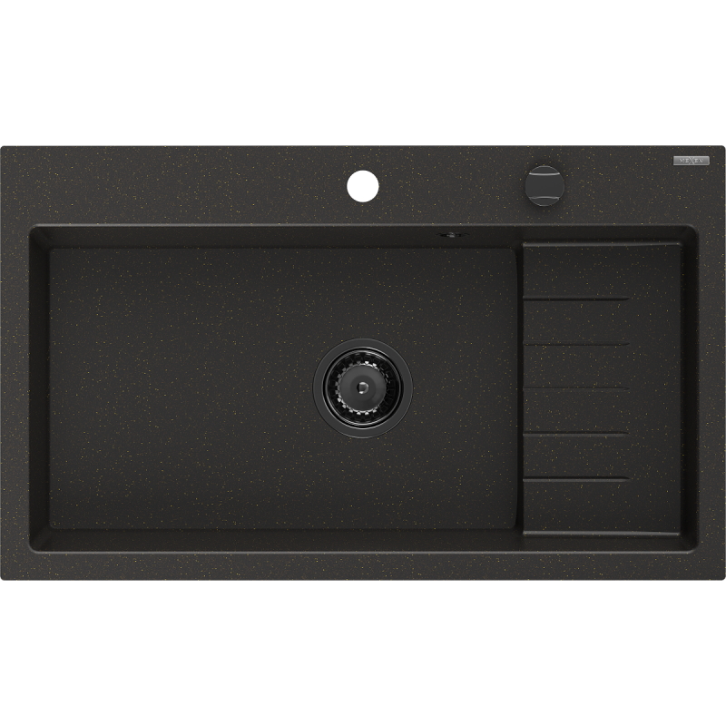 Mexen Omar Granitspüle 1-Becken 800 x 480 mm, Schwarz/Gold Metallic, Schwarzer Siphon - 6520801005-75-B