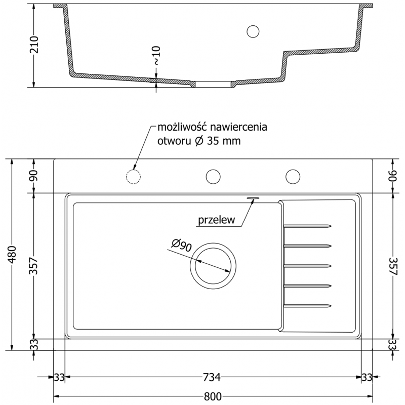 Mexen Omar fregadero de granito de 1 cámara 800 x 480 mm, negro moteado, sifón negro - 6520801005-76-B