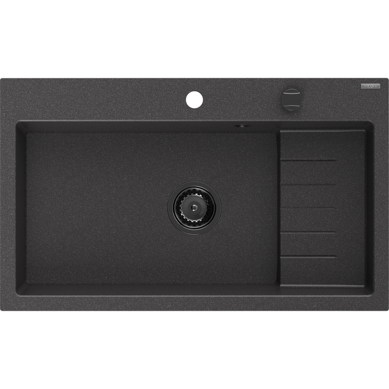 Mexen Omar Granitspüle 1-beckig 800 x 480 mm, schwarz gefleckt, schwarzer Siphon - 6520801005-76-B