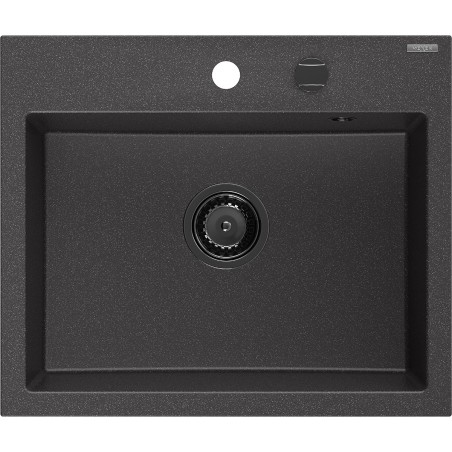 Mexen Oscar Granitspüle 1-beckig 580 x 490 mm, schwarz gesprenkelt, schwarzer Siphon - 6519581000-76-B