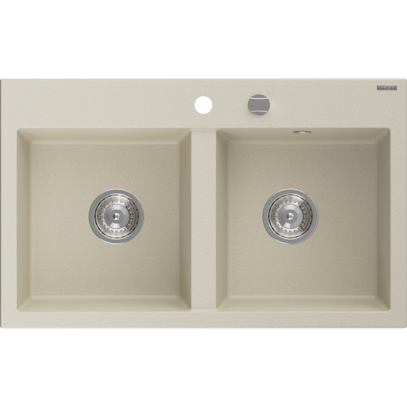 Mexen Hektor granieten gootsteen met 2 kommen 800 x 480 mm, beige, chromen sifon - 6521802000-69