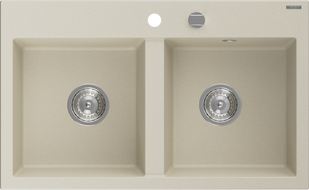 Mexen Hektor granieten gootsteen met 2 kommen 800 x 480 mm, beige, chromen sifon - 6521802000-69