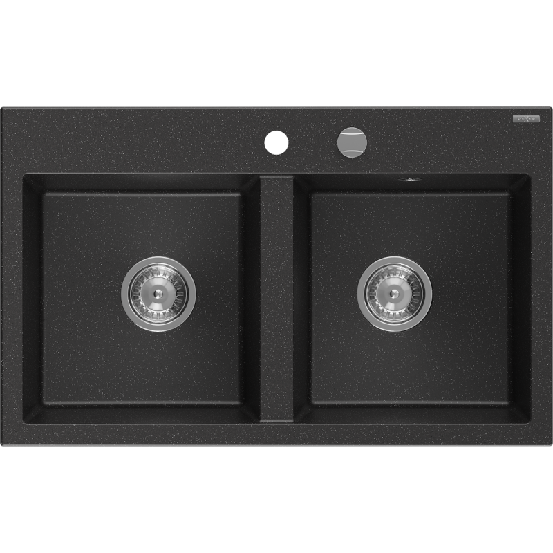Mexen Hektor 2-gats granieten gootsteen 800 x 480 mm, zwart/zilver metallic, chroom sifon - 6521802000-73