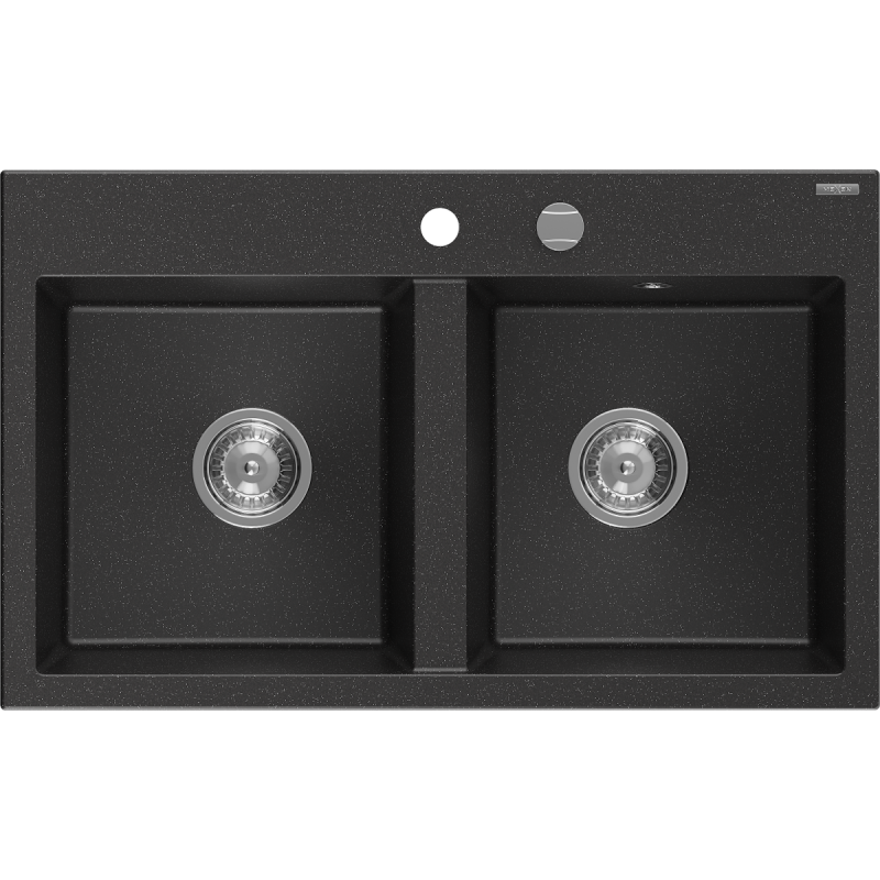 Mexen Hektor Granitspüle 2-Kammer 800 x 480 mm, Schwarz/Silber Metallic, Siphon Chrom - 6521802000-73