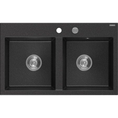 Mexen Hektor 2-gats granieten gootsteen 800 x 480 mm, zwart/zilver metallic, chroom sifon - 6521802000-73