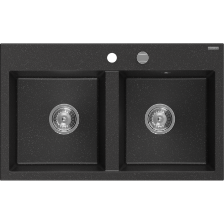 Mexen Hektor granite sink 2-chamber 800 x 480 mm, black/silver metallic, chrome siphon - 6521802000-73