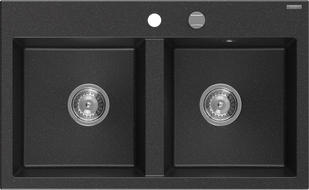Mexen Hektor 2-gats granieten gootsteen 800 x 480 mm, zwart/zilver metallic, chroom sifon - 6521802000-73