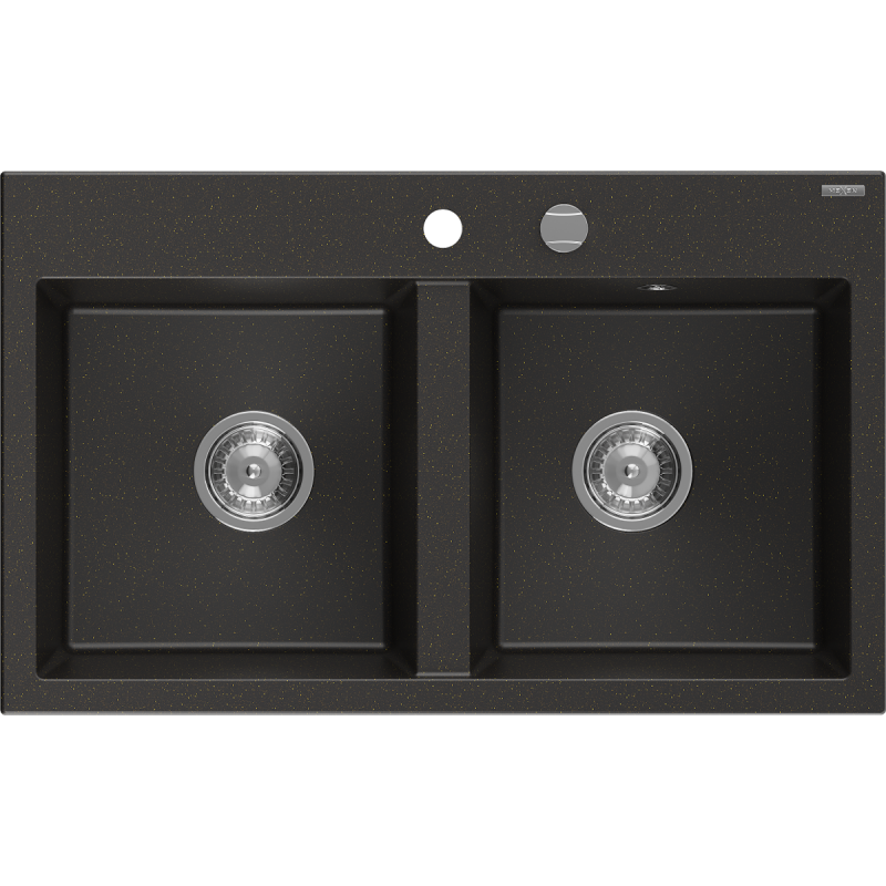 Mexen Hektor fregadero de granito de 2 compartimentos 800 x 480 mm, negro/dorado metálico, sifón cromado - 6521802000-75