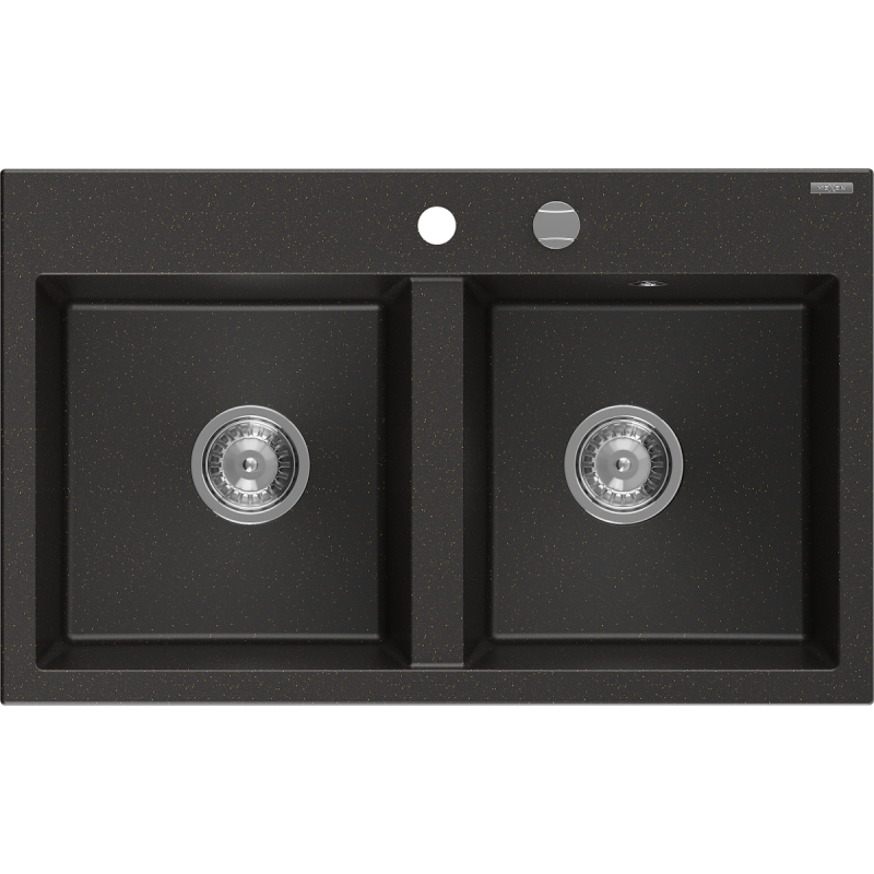 Mexen Hektor lavello in granito a 2 vasche 800 x 480 mm, nero/oro metallico, sifone cromato - 6521802000-75