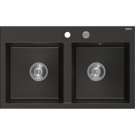 Mexen Hektor divu nodalījumu granīta izlietne 800 x 480 mm, melna/zeltīta metāliska, hromēts sifons - 6521802000-75