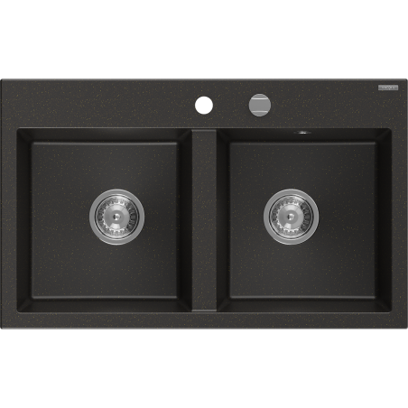 Mexen Hektor fregadero de granito de 2 compartimentos 800 x 480 mm, negro/dorado metálico, sifón cromado - 6521802000-75