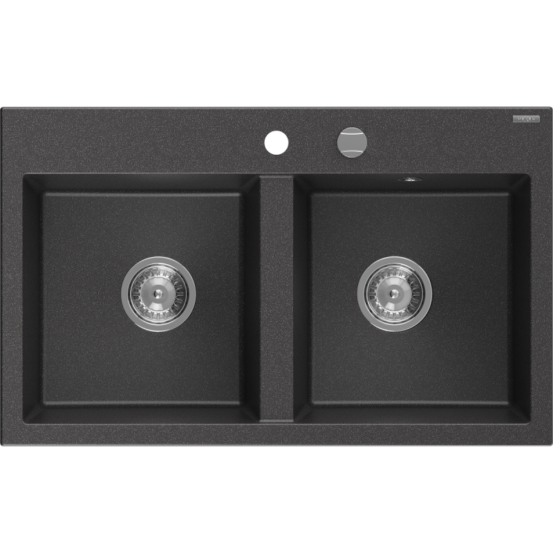 Mexen Hektor fregadero de granito de 2 compartimentos 800 x 480 mm, negro moteado, sifón cromado - 6521802000-76