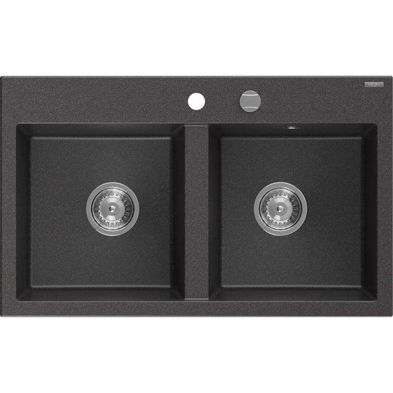 Mexen Hektor granitni sudoper s dvije komore 800 x 480 mm, crna s točkicama, kromirani sifon - 6521802000-76
