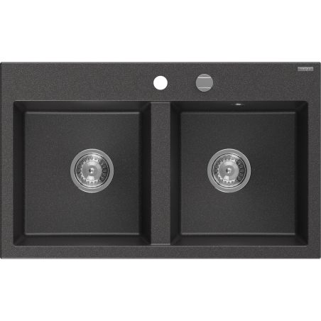 Mexen Hektor fregadero de granito de 2 compartimentos 800 x 480 mm, negro moteado, sifón cromado - 6521802000-76
