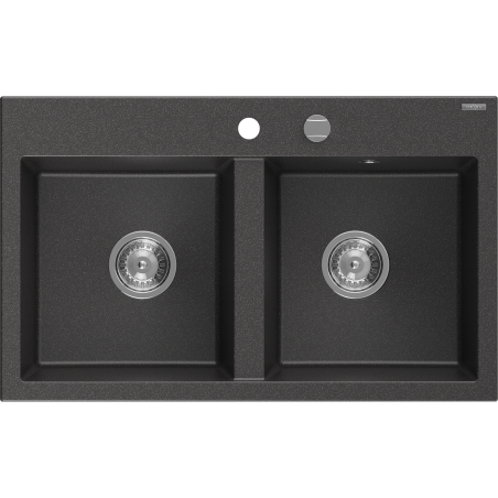 Mexen Hektor Granitspüle 2-beckig 800 x 480 mm, schwarz gesprenkelt, Siphon Chrom - 6521802000-76