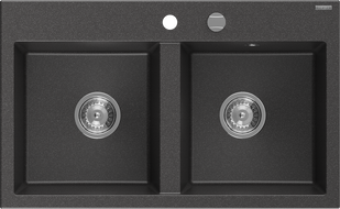 Mexen Hektor granieten gootsteen 2-kamer 800 x 480 mm, zwart gespikkeld, chromen sifon - 6521802000-76