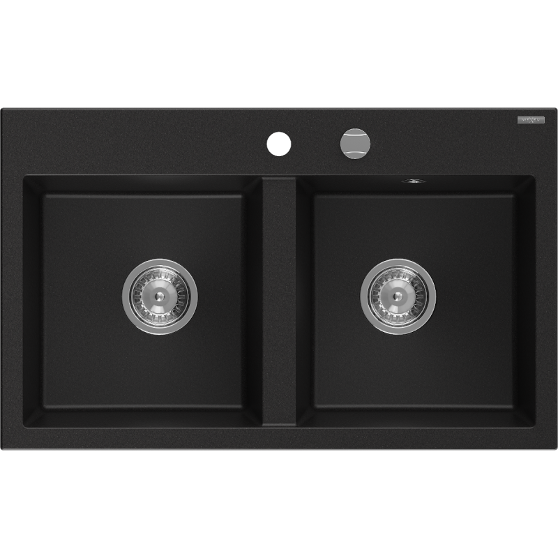 Mexen Hektor fregadero de granito de 2 senos 800 x 480 mm, negro, sifón cromo - 6521802000-77