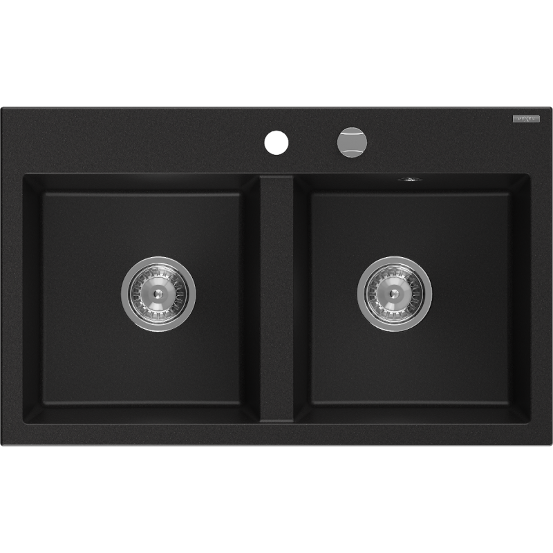 Mexen Hektor granieten gootsteen 2-kamer 800 x 480 mm, zwart, chromen sifon - 6521802000-77