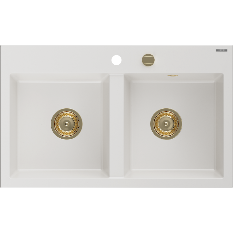 Mexen Hektor fregadero de granito de 2 senos 800 x 480 mm, blanco, sifón dorado - 6521802000-20-G