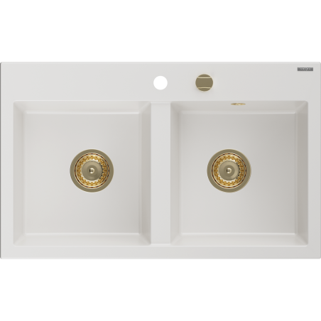 Mexen Hektor évier en granit 2 bacs 800 x 480 mm, blanc, siphon doré - 6521802000-20-G