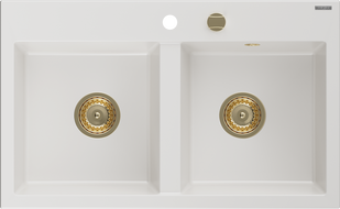 Mexen Hektor fregadero de granito de 2 senos 800 x 480 mm, blanco, sifón dorado - 6521802000-20-G