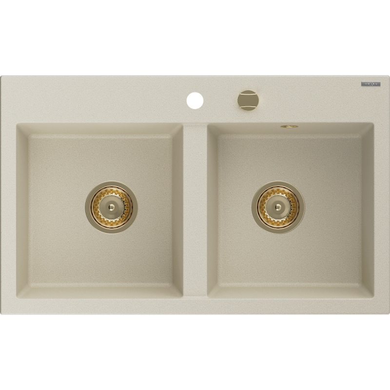 Mexen Hektor granieten 2-vaks gootsteen 800 x 480 mm, beige, gouden sifon - 6521802000-69-G