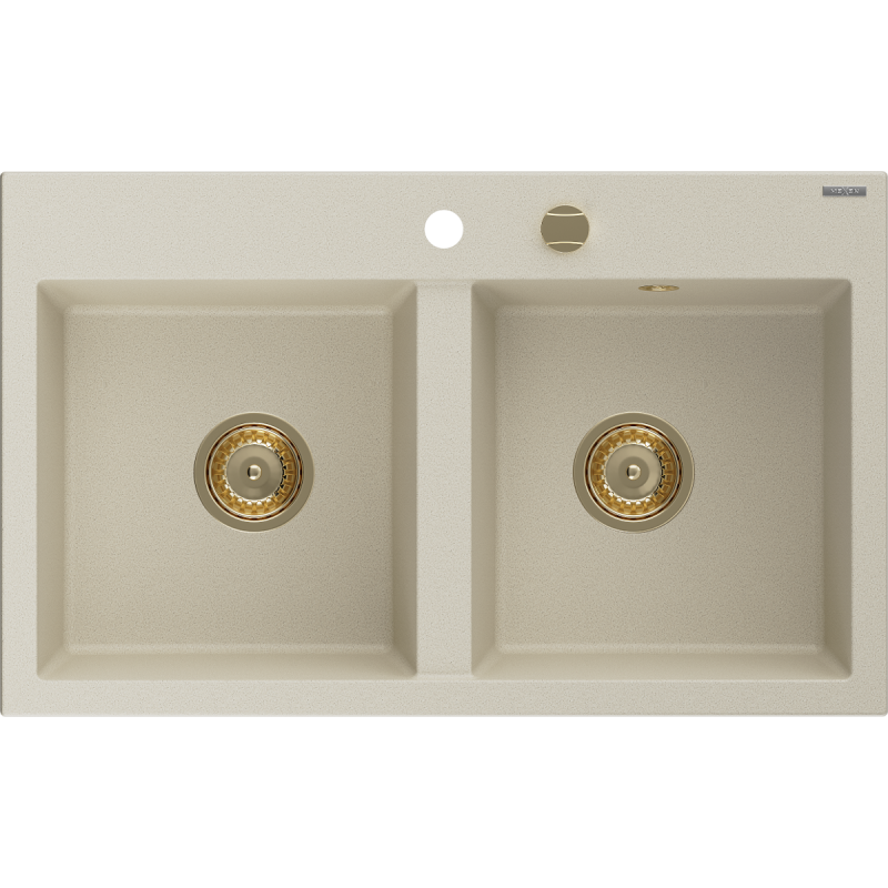 Mexen Hektor Granitspüle 2-Becken 800 x 480 mm, beige, goldener Siphon - 6521802000-69-G