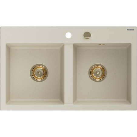 Mexen Hektor granieten 2-vaks gootsteen 800 x 480 mm, beige, gouden sifon - 6521802000-69-G