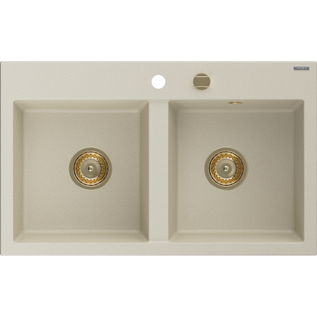 Mexen Hektor Granitspüle 2-Becken 800 x 480 mm, beige, goldener Siphon - 6521802000-69-G
