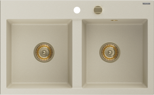 Mexen Hektor granieten 2-vaks gootsteen 800 x 480 mm, beige, gouden sifon - 6521802000-69-G