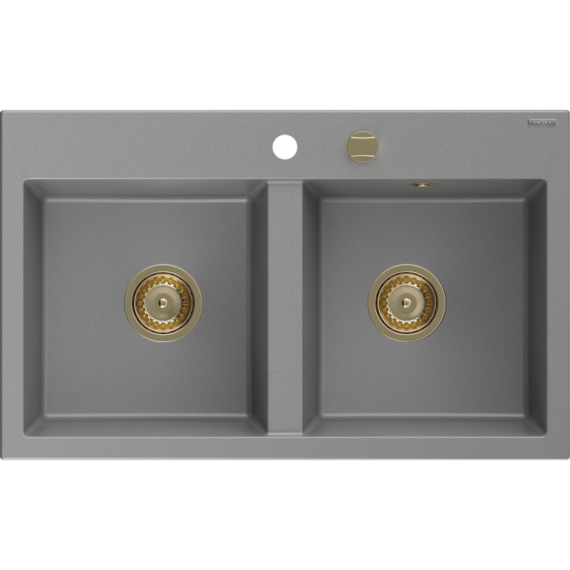 Mexen Hektor Granitspüle, 2-Kammer, 800 x 480 mm, Grau, Siphon Gold - 6521802000-71-G
