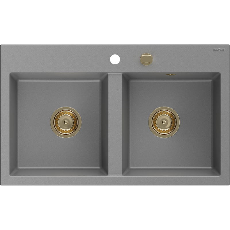 Mexen Hektor lavello in granito a 2 vasche 800 x 480 mm, grigio, sifone dorato - 6521802000-71-G