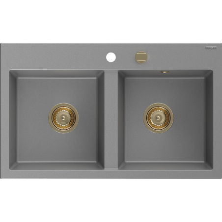 Mexen Hektor granit izlietne ar divām kamerām 800 x 480 mm, pelēka, sifons zelta - 6521802000-71-G