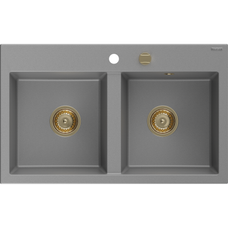 Mexen Hektor Granitspüle, 2-Kammer, 800 x 480 mm, Grau, Siphon Gold - 6521802000-71-G