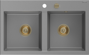 Mexen Hektor granieten spoelbak met 2 compartimenten 800 x 480 mm, grijs, gouden sifon - 6521802000-71-G