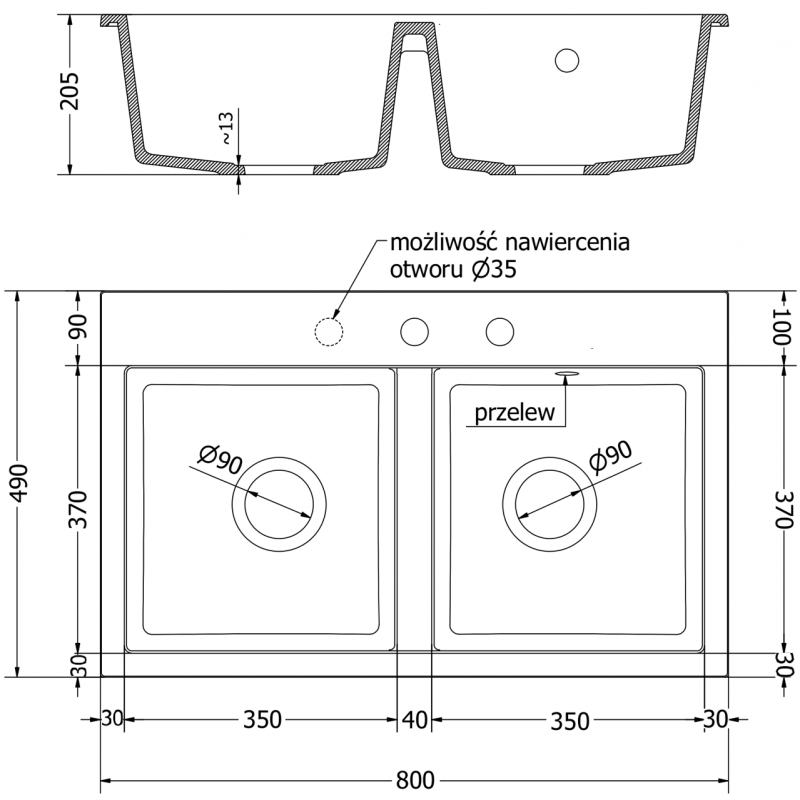 Mexen Hektor zlewozmywak granitowy 2-komorowy 800 x 480 mm, czarny/srebrny metalik, syfon złoty - 6521802000-73-G