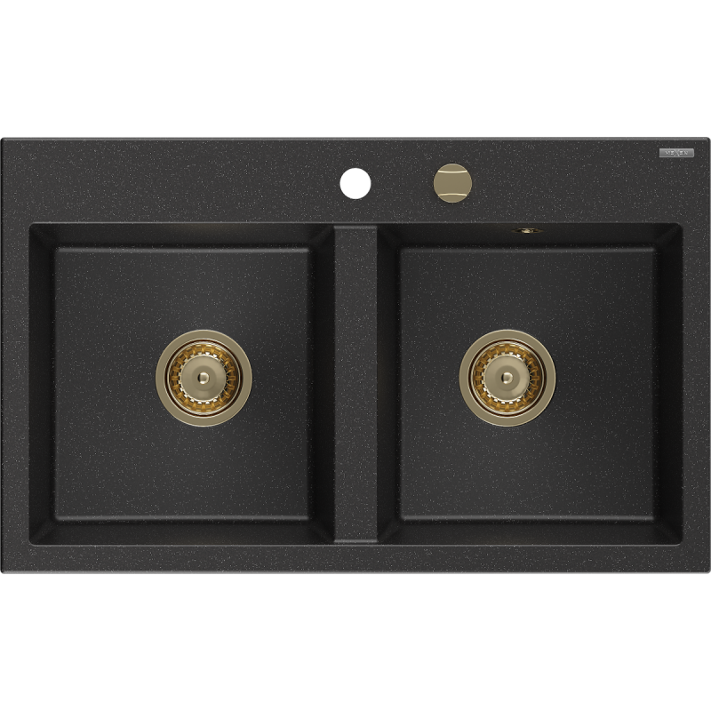 Mexen Hektor granieten gootsteen 2-vaks 800 x 480 mm, zwart/zilver metallic, gouden sifon - 6521802000-73-G