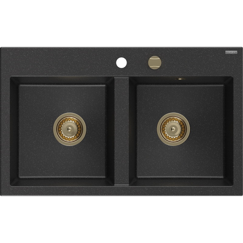 Mexen Hektor graniidist 2-kambriline köögivalamu 800 x 480 mm, must/hõbedane metallik, kuldne sifoon - 6521802000-73-G