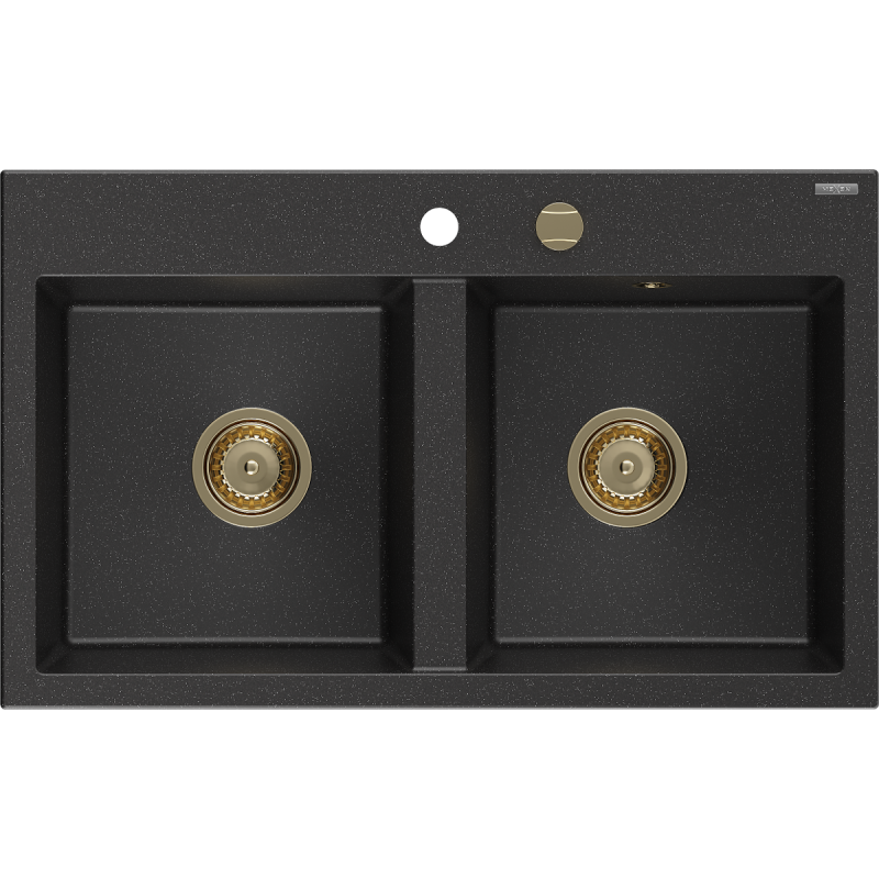 Mexen Hektor Granitspüle 2-beckig 800 x 480 mm, schwarz/silber metallic, goldener Siphon - 6521802000-73-G