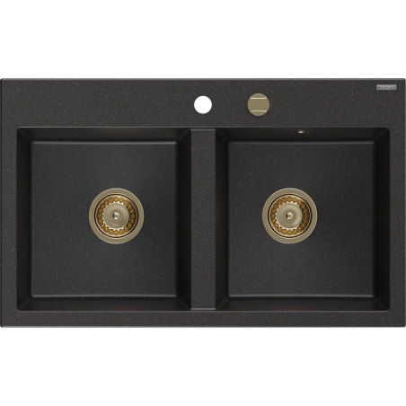 Mexen Hektor granieten gootsteen 2-vaks 800 x 480 mm, zwart/zilver metallic, gouden sifon - 6521802000-73-G